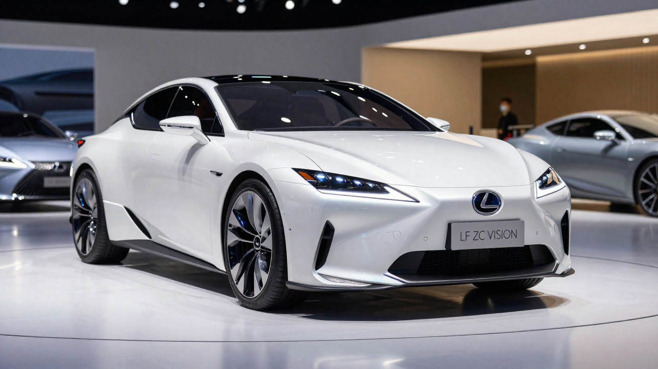 Carro desportivo branco Lexus LF ZC VISION exposto em salão automóvel com fundo desfocado.