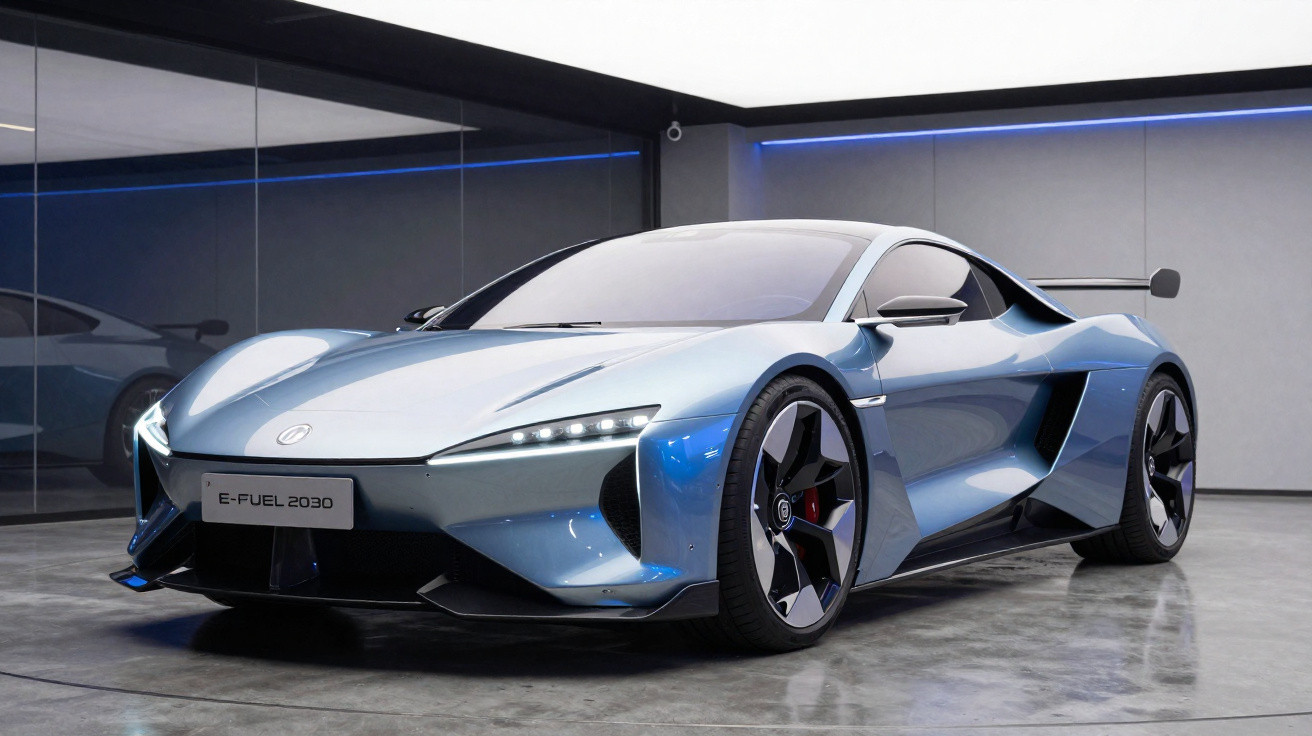 Carro desportivo eléctrico azul metálico com design futurista numa garagem minimalista.