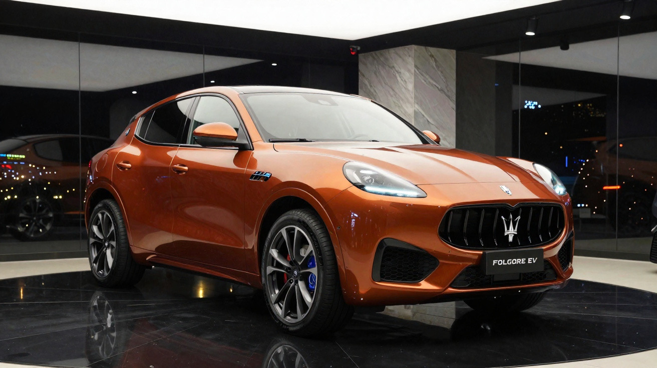 Automóvel Maserati FOLGORE EV cor laranja em exposição num espaço moderno e iluminado interior.