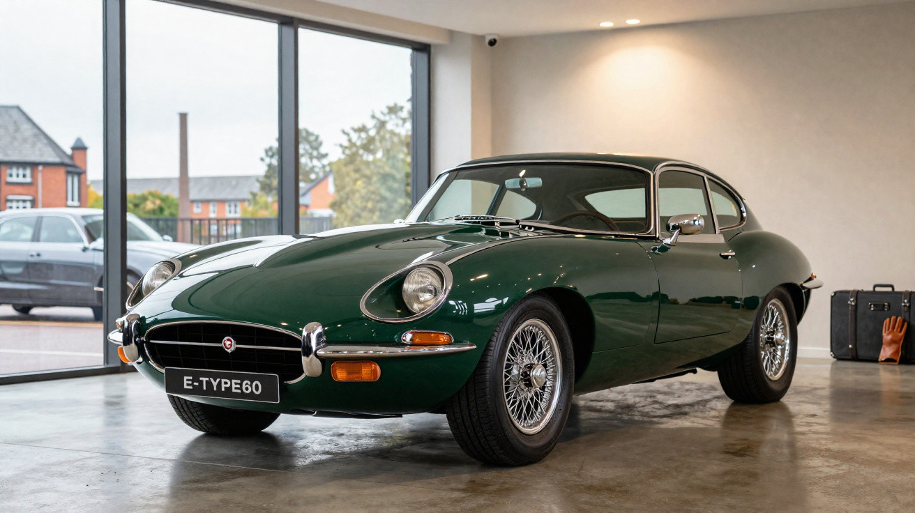 Carro clássico verde Jaguar E-Type modelo 1960 em exposição dentro de galeria moderna.