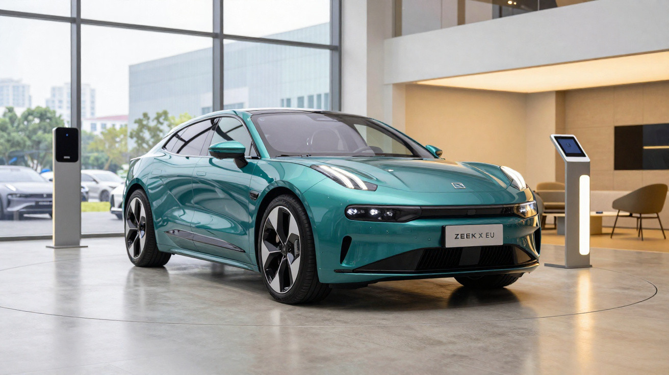 Carro elétrico verde brilhante em exposição dentro de showroom moderno com grandes janelas e postos de carregamento.