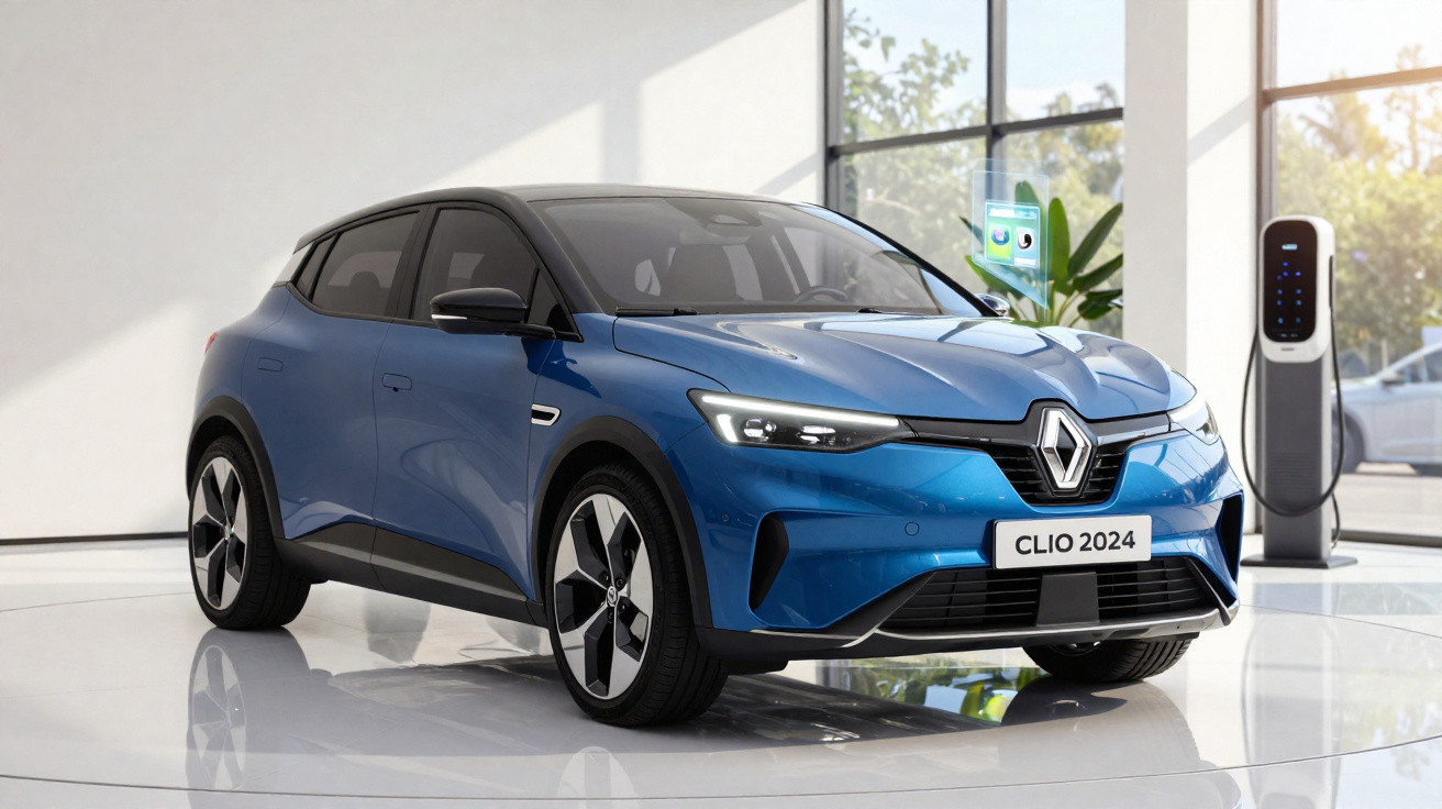 Carro elétrico Renault Clio 2024 azul estacionado junto a posto de carregamento interior.