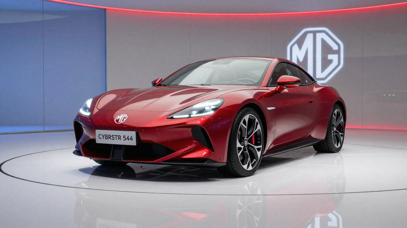 Carro desportivo elétrico vermelho MG CYBRSTR 544 exposto em ambiente moderno com luzes LED.