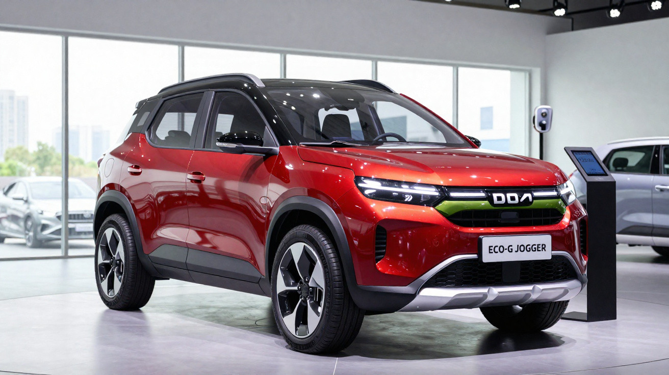 Carro SUV vermelho DOA Eco-G Jogger em exposição num salão automóvel moderno e iluminado.