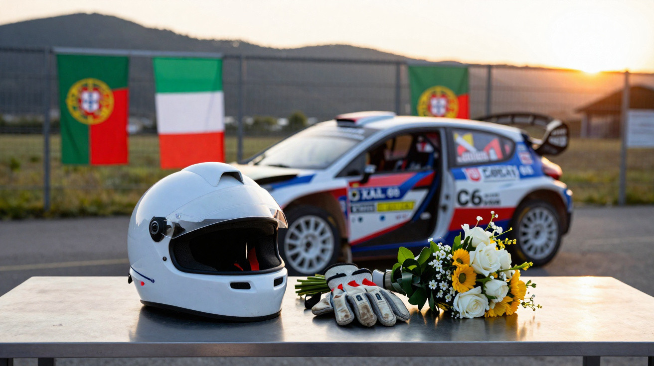 Capacete, luvas e bouquet sobre mesa com carro de rali e bandeiras de Portugal e Itália ao fundo ao pôr do sol.