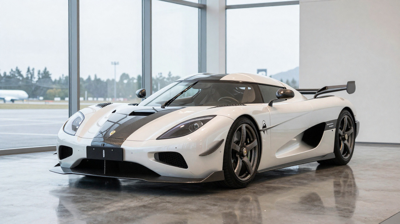 Carro desportivo branco com faixa preta, com design aerodinâmico, em showroom com janelas grandes.
