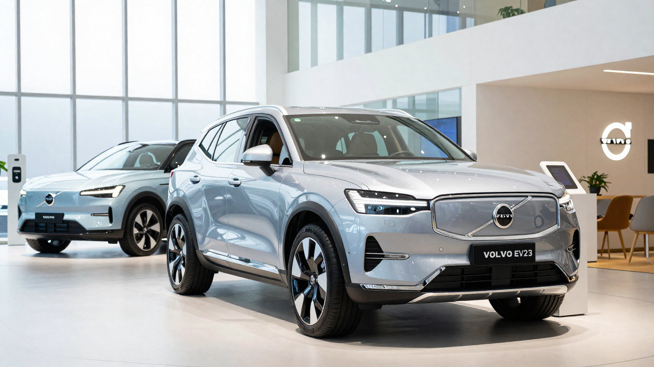 Dois carros elétricos Volvo em exposição em salão moderno com vidros amplos e design minimalista.