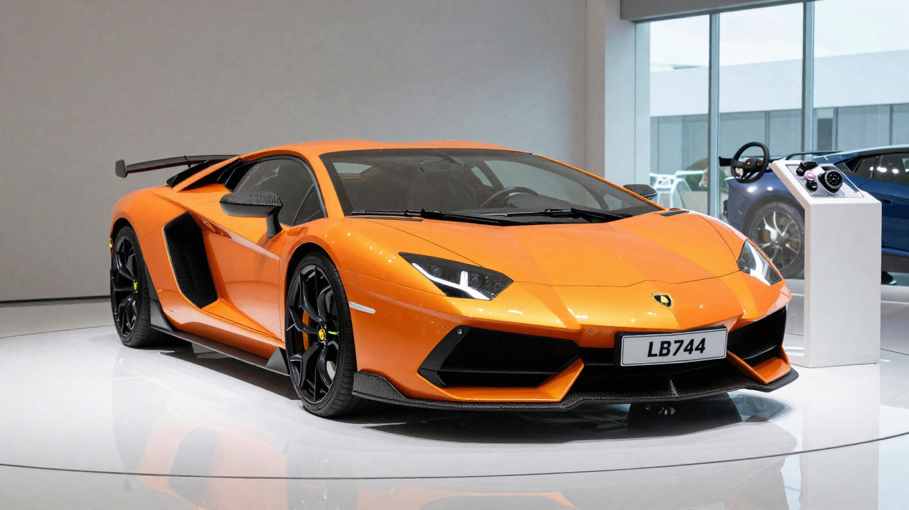 Carro desportivo Lamborghini laranja estacionado em exposição com rodas pretas e spoiler traseiro.