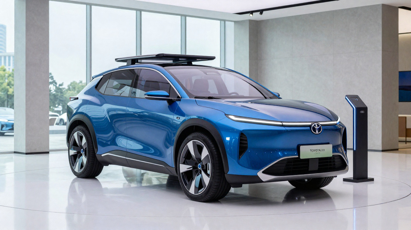 Carro elétrico azul Toyota exposto em sala moderna com grandes janelas e estação de carregamento.