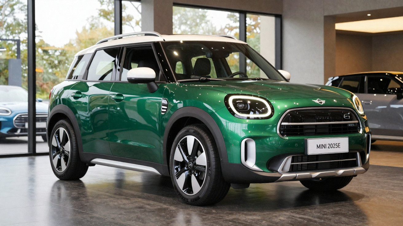 Carro Mini 2025E verde com tejadilho branco em exposição num salão moderno.