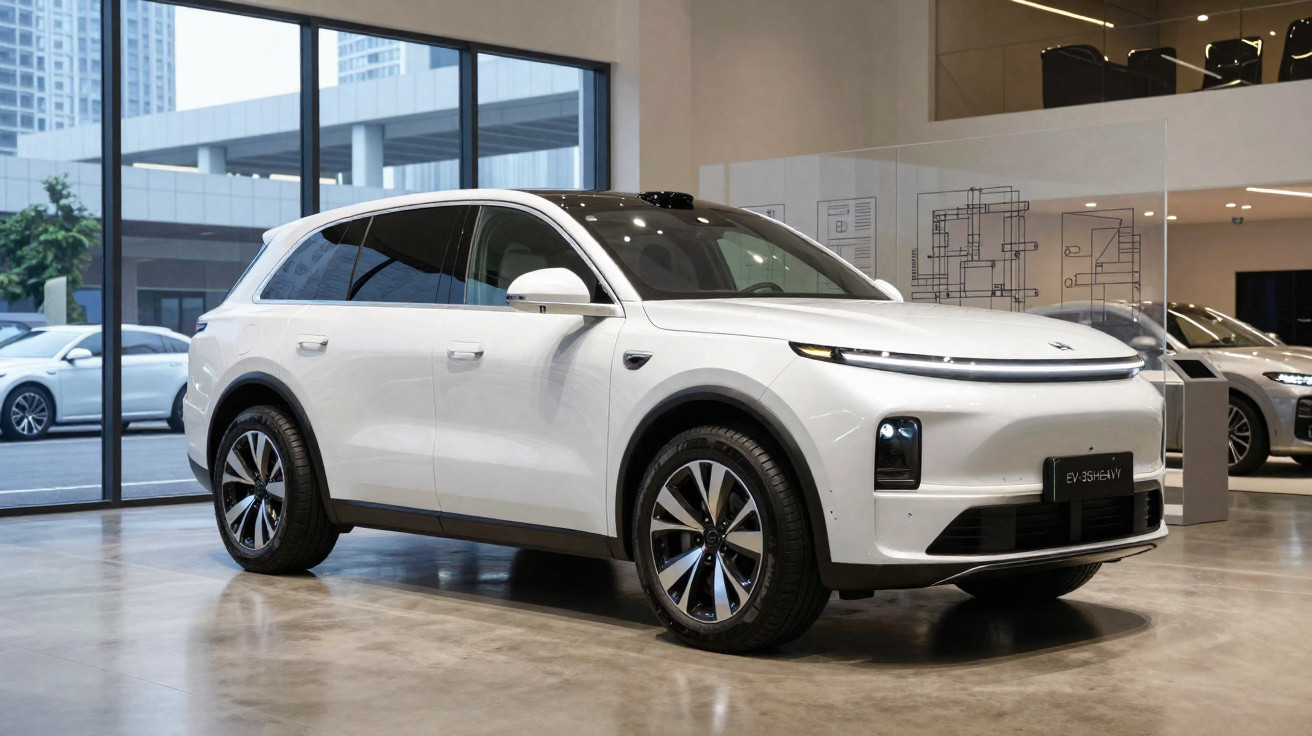 Carro elétrico SUV branco estacionado num showroom moderno com janelas amplas e piso em cimento polido.