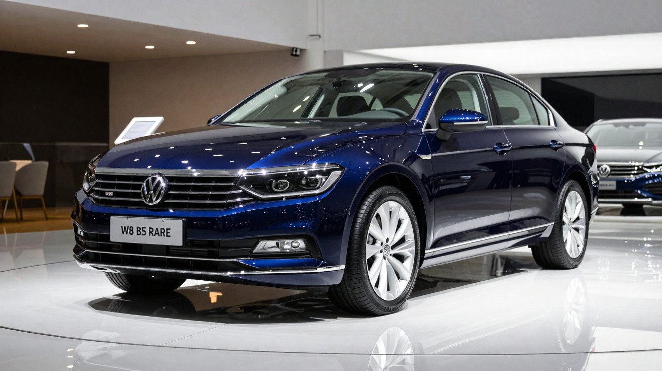Carro Volkswagen W8 B5 RARE azul escuro em exposição com design moderno e faróis LED.