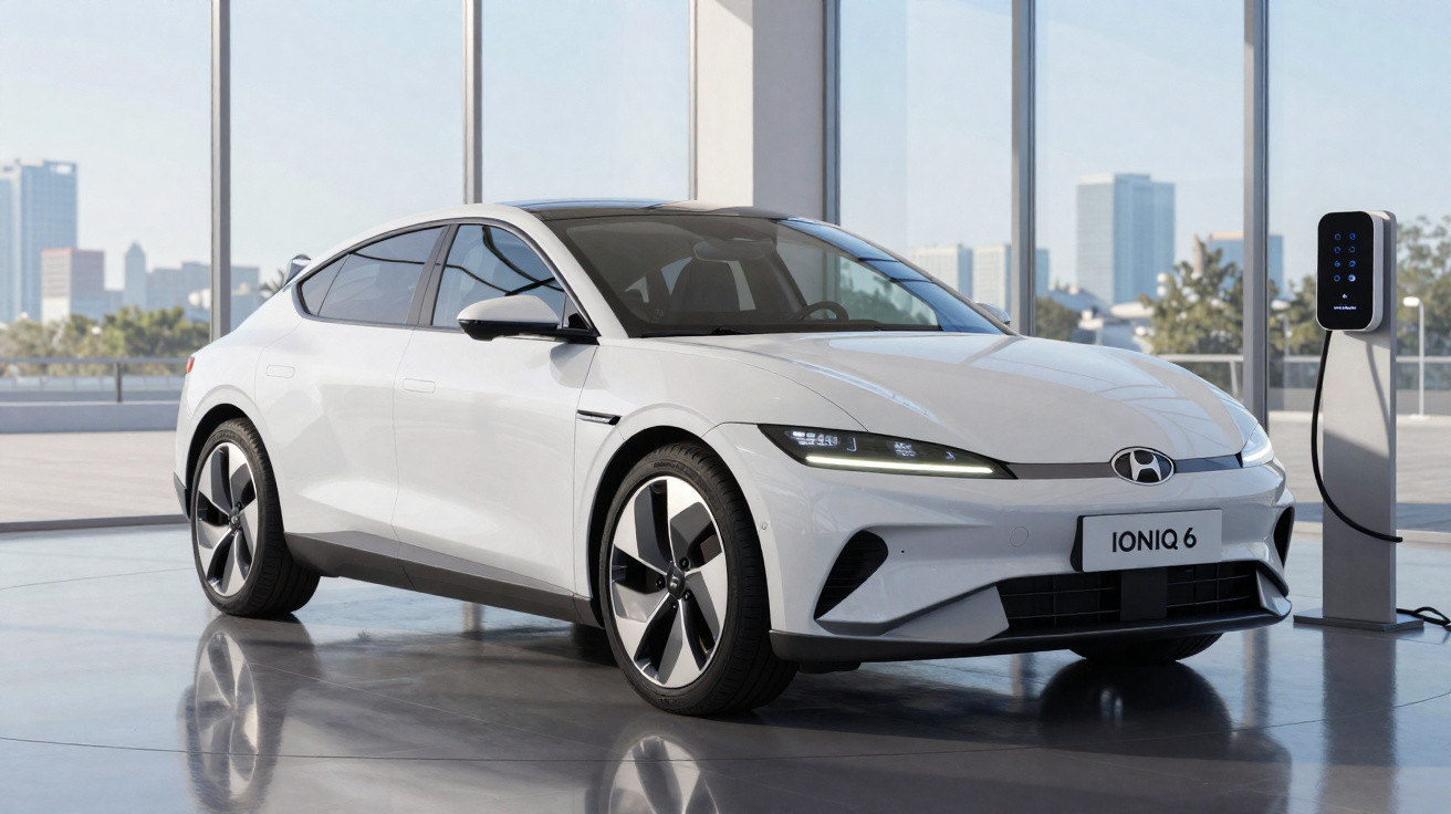 Carro elétrico branco Hyundai Ioniq 6 em carregamento numa estação interior com vista para edifícios na cidade.