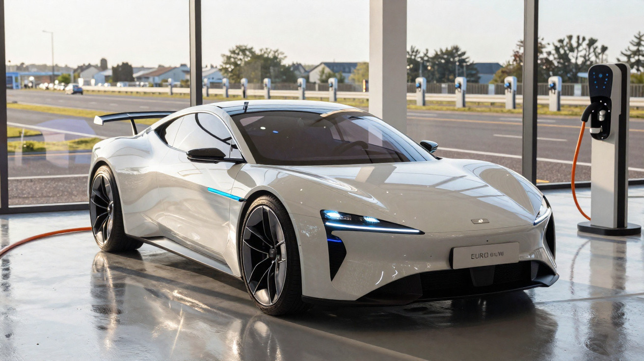 Carro desportivo elétrico branco estacionado numa área de carregamento com carregador ligado ao automóvel.