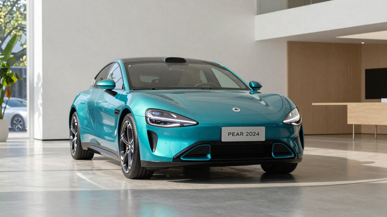Carro elétrico desportivo verde pérola modelo PEAR 2024 estacionado em showroom moderno e luminoso.