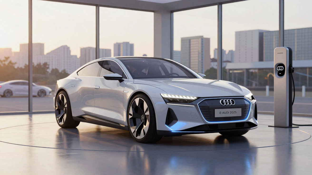 Carro elétrico Audi 2025 branco estacionado junto a posto de carregamento em espaço moderno com janelas amplas.