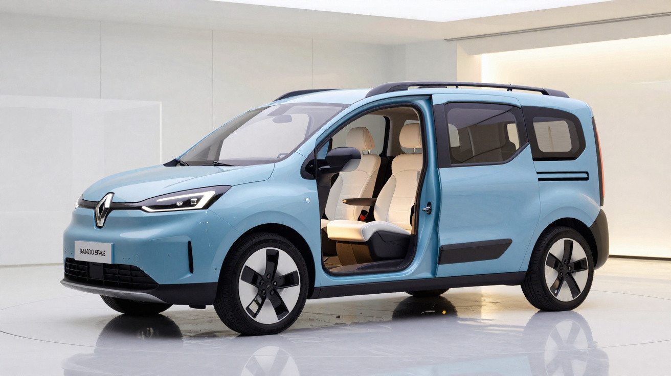 Veículo utilitário azul Renault Kangoo elétrico com porta lateral aberta mostrando interior espaçoso e moderno.
