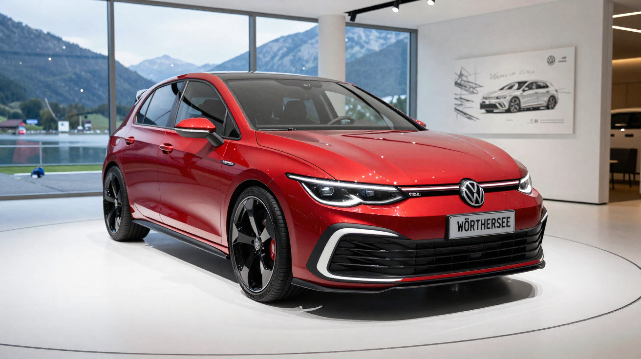 Carro Volkswagen GTI vermelho exibido numa plataforma branca com vista para montanhas e lago ao fundo.