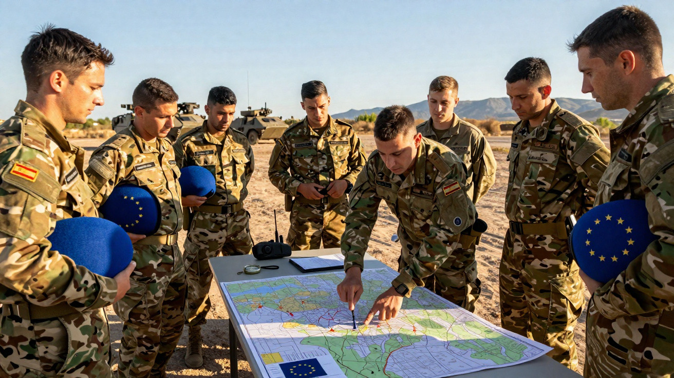 Grupo de militares espanhóis em uniforme a analisar mapa numa mesa ao ar livre no deserto.