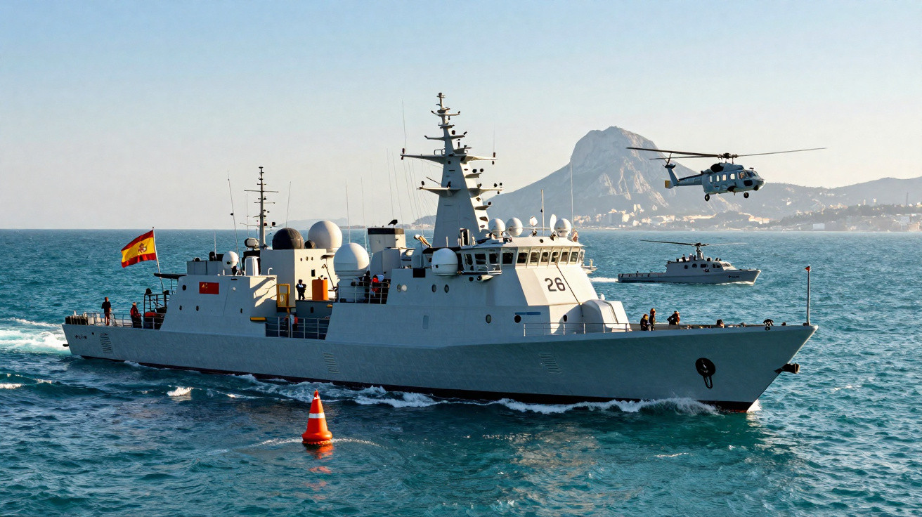 Fragata naval espanhola com matrícula 26 no mar, helicóptero em voo e outro navio ao fundo junto a costa montanhosa.