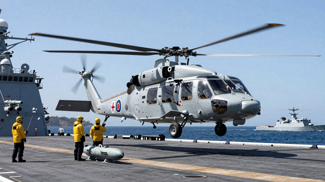 Helicóptero militar cinzento a aterrar no convés de um navio com quatro tripulantes de colete amarelo.