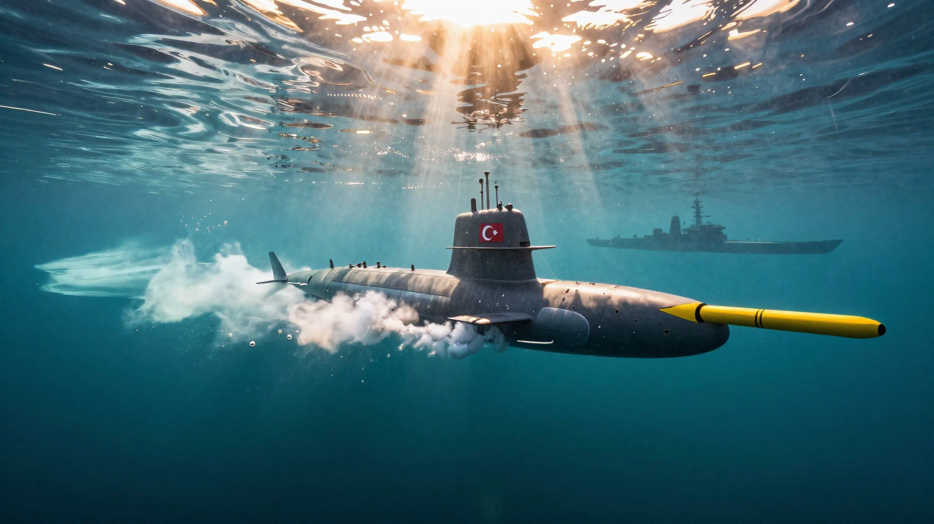 Submarino turco a lançar torpedo amarelo com navio de guerra ao fundo sob a água.