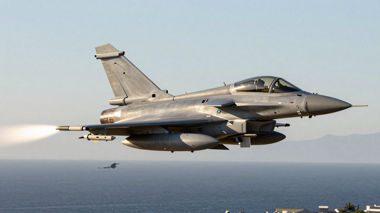 Caça militar cinzento a voar sobre o mar com céu limpo e outra aeronave ao fundo.