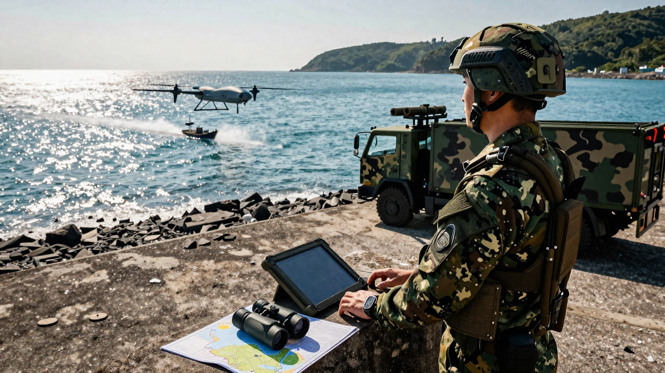 Soldado em uniforme camuflado controla drone próximo à costa com caminhão militar e mapa visíveis.