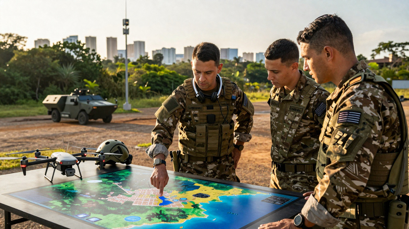 Três militares em uniforme analisam mapa tático sobre uma mesa ao ar livre com drone e viatura ao fundo.