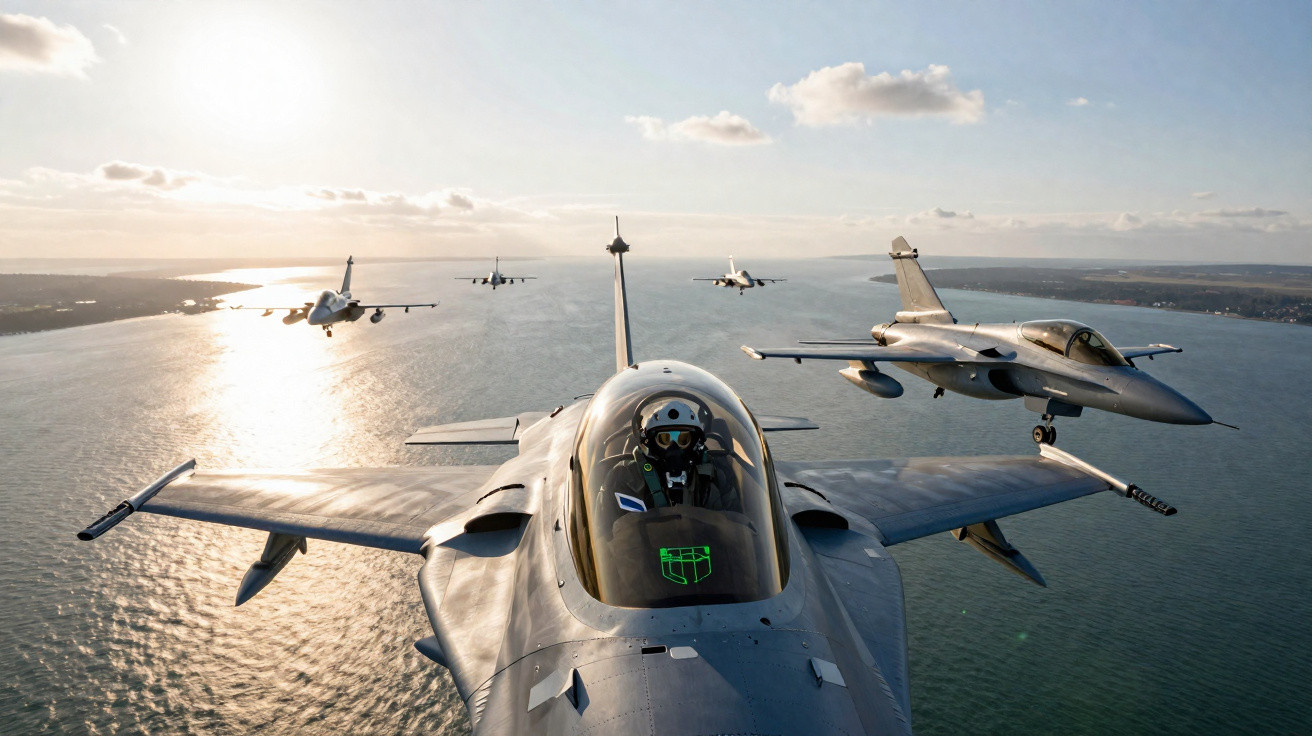 Formação de cinco aviões militares a voar sobre um corpo de água ao pôr do sol.