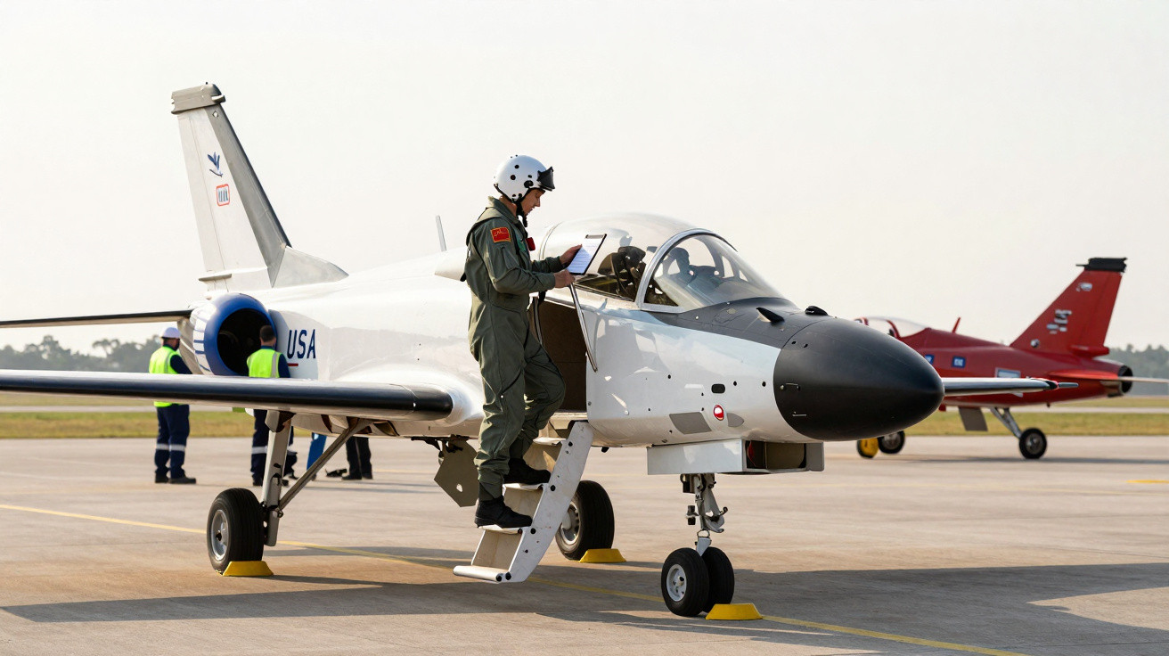 Piloto militar em fato verde com capacete verifica lista junto a jato de treino branco na pista do aeroporto.