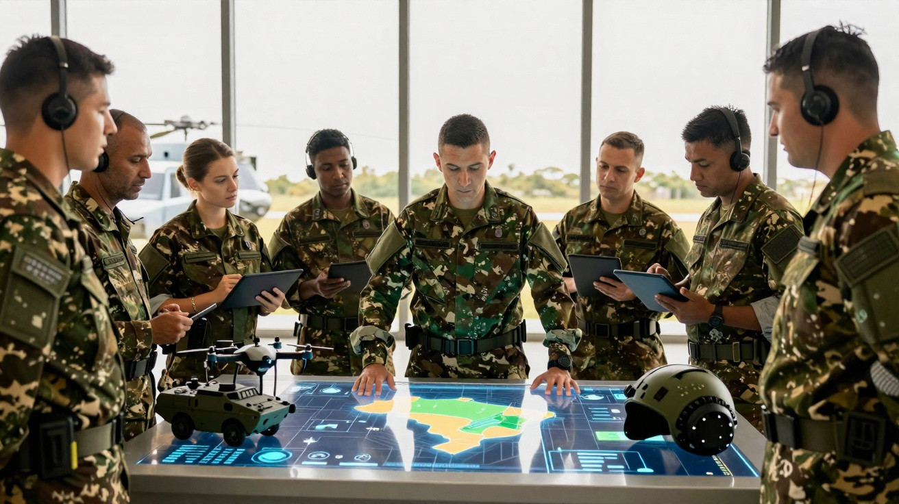 Soldados em uniformes camuflados planeiam estratégia militar usando mesa digital interativa e dispositivos móveis.