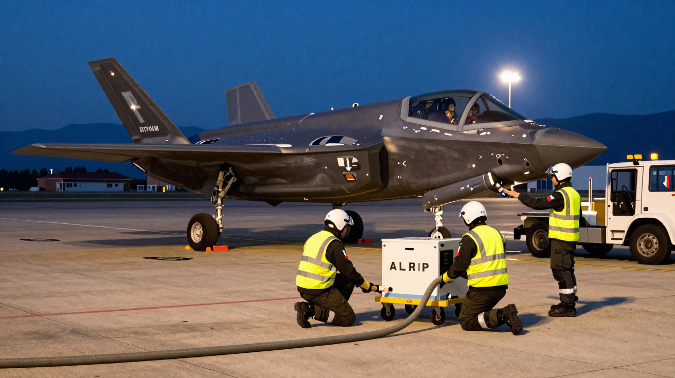 Três técnicos em coletes amarelos preparam um caça F-35 numa pista de avião ao anoitecer.