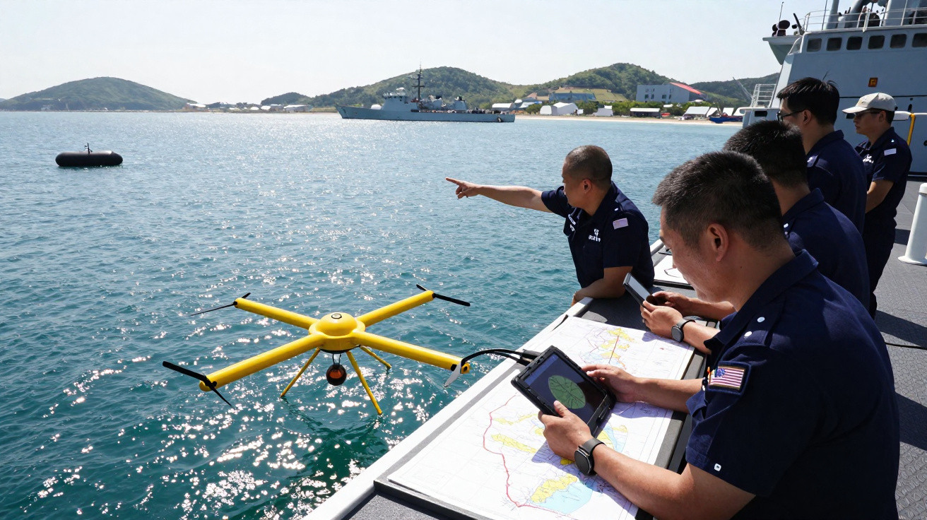 Militares a operarem drone amarelo sobre água, em navio, com mapa e marítimo ao fundo em dia ensolarado.