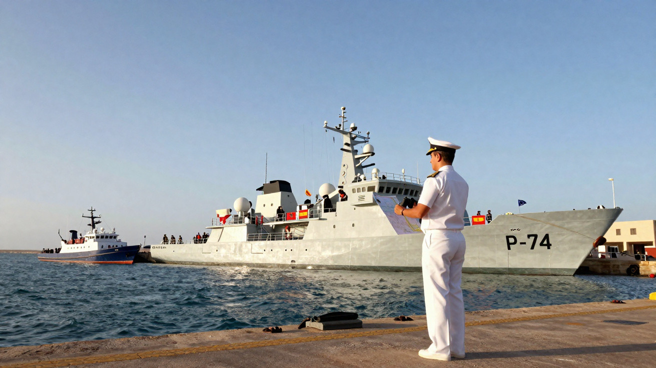 Militar da marinha em uniforme branco em cais junto a navios militares atracados ao pôr do sol.