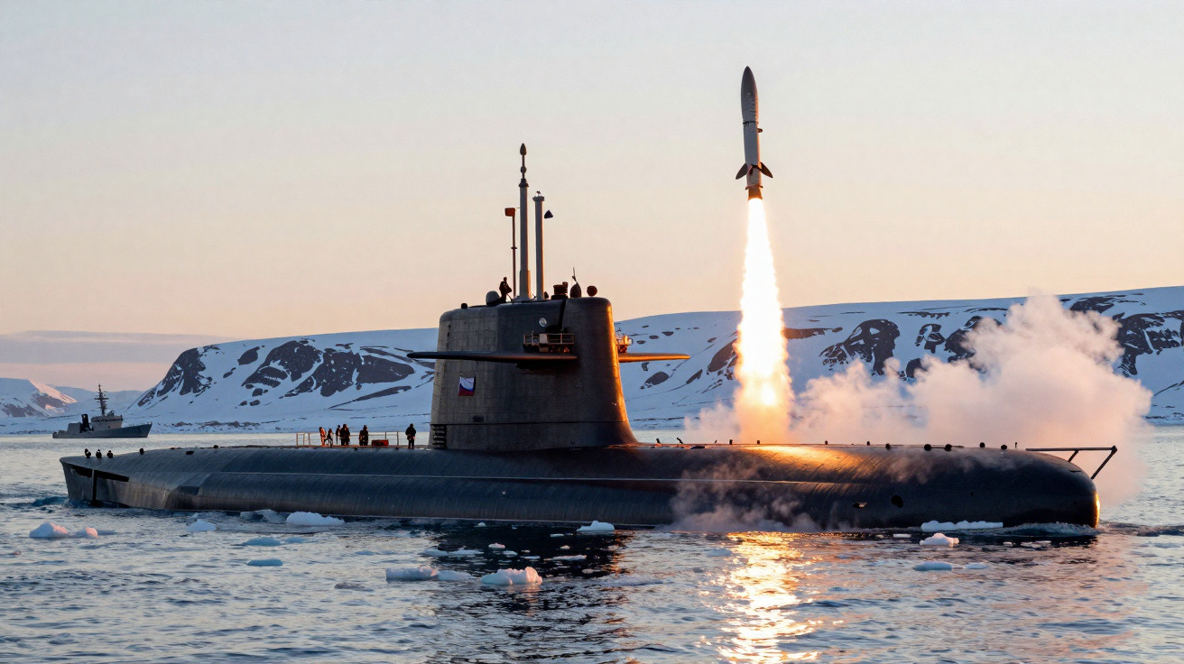 Submarino no mar gelado lança míssil com montanhas cobertas de neve ao fundo ao pôr do sol.