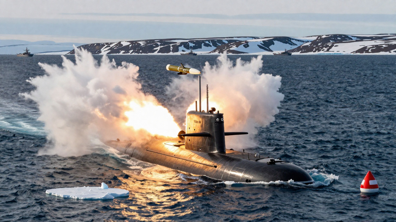 Submarino a disparar míssil na superfície do mar perto de gelo e ilhas cobertas de neve.