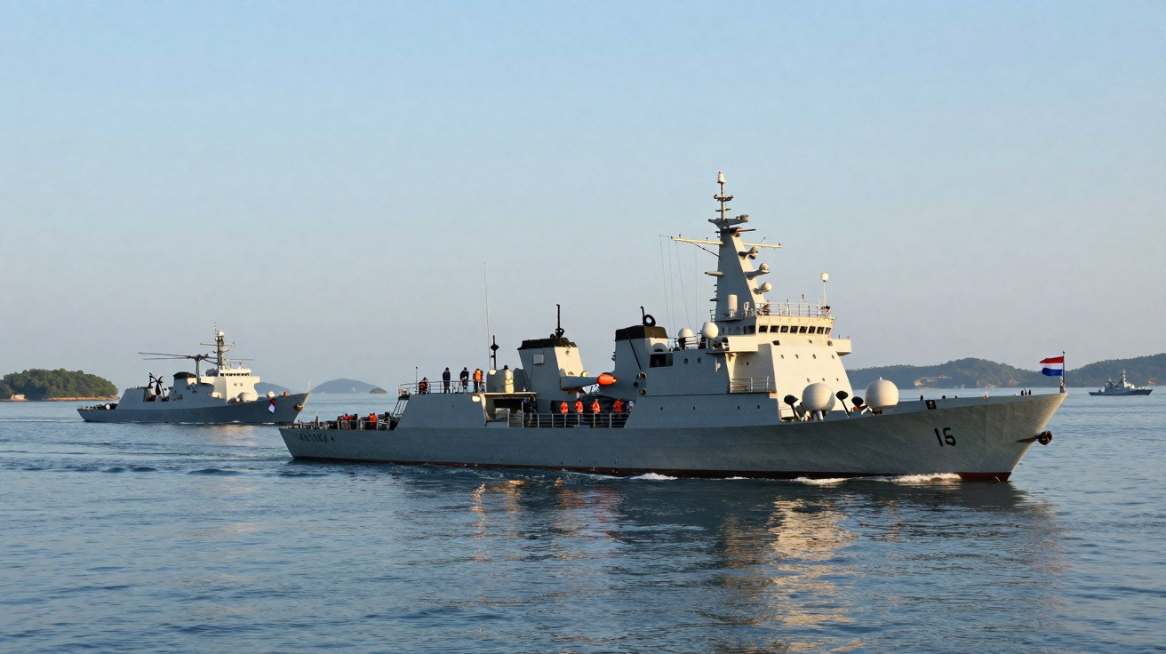 Dois navios militares a navegar em mar calmo com ilha ao fundo, um com bandeira da Croácia.