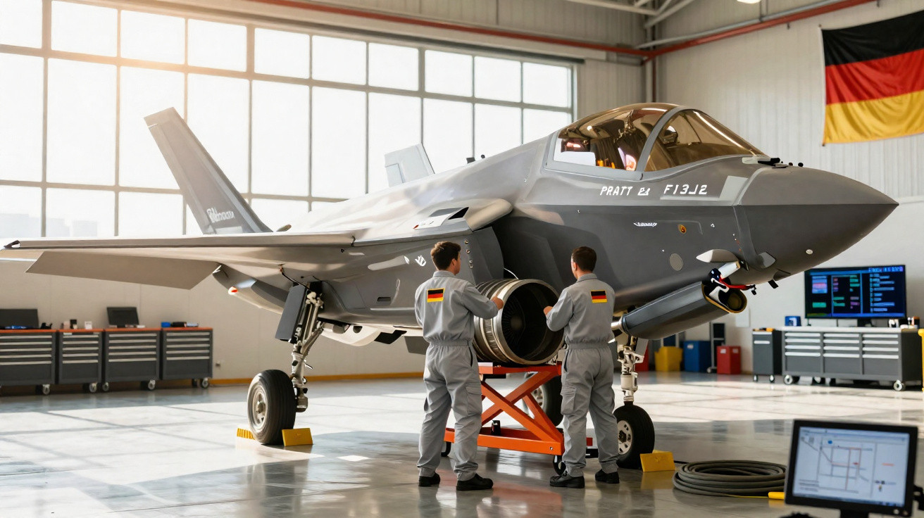 Dois técnicos com uniformes cinzentos trabalham na manutenção de um caça militar moderno numa hangar espaçoso.