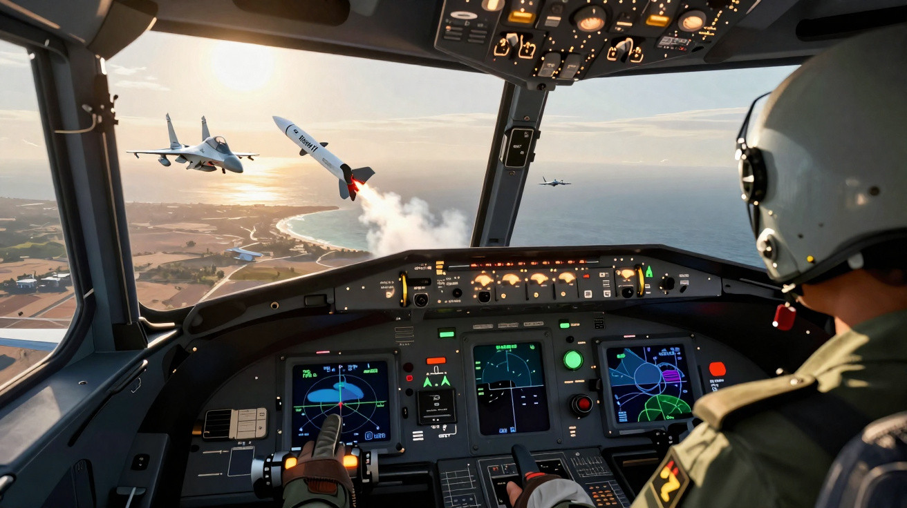 Vista do interior da cabine de pilotagem de avião militar com piloto e caças no céu ao pôr-do-sol.