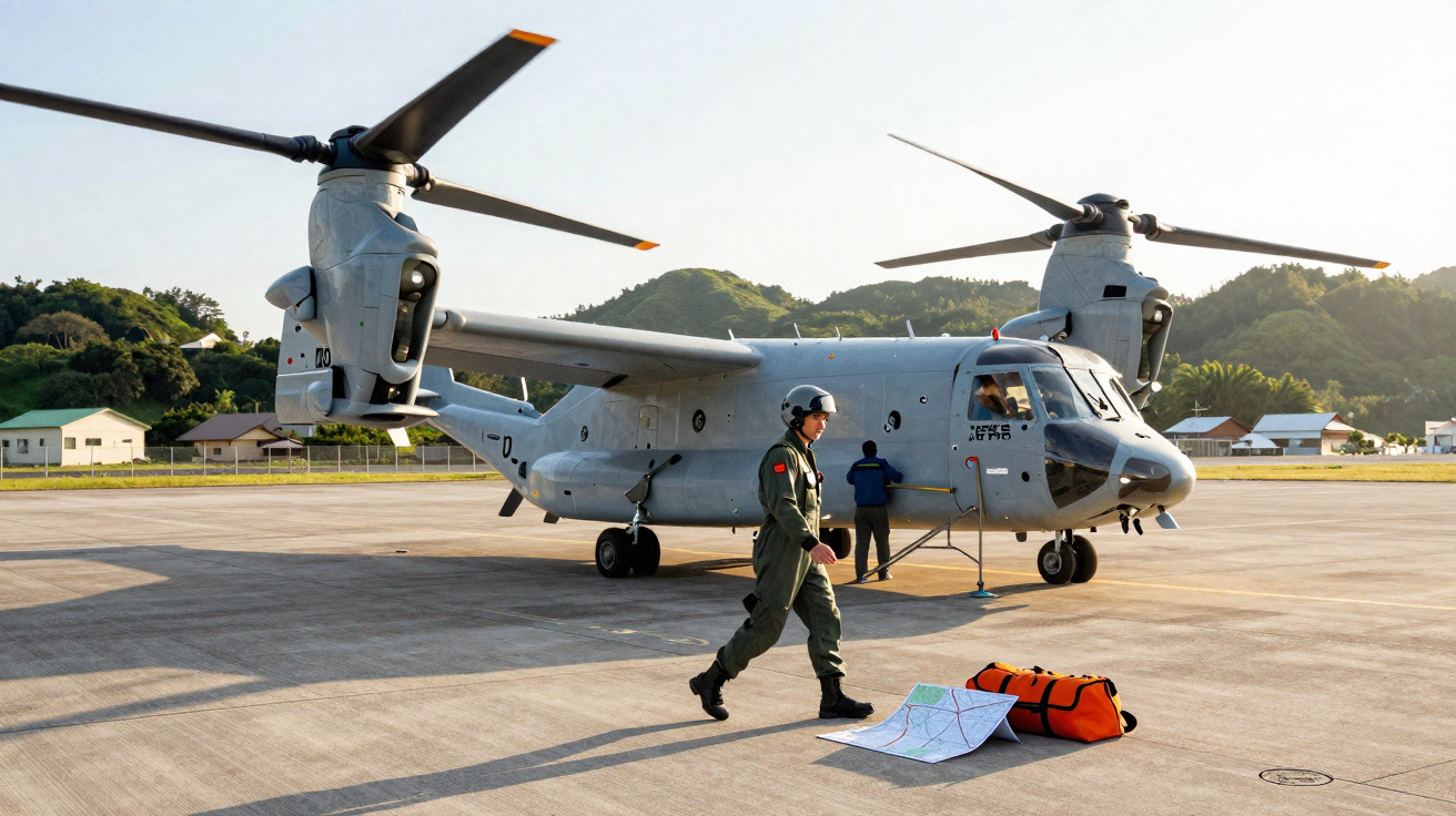Helicóptero militar em pista de aterragem com piloto e outro homem junto a mapa e saco laranja.