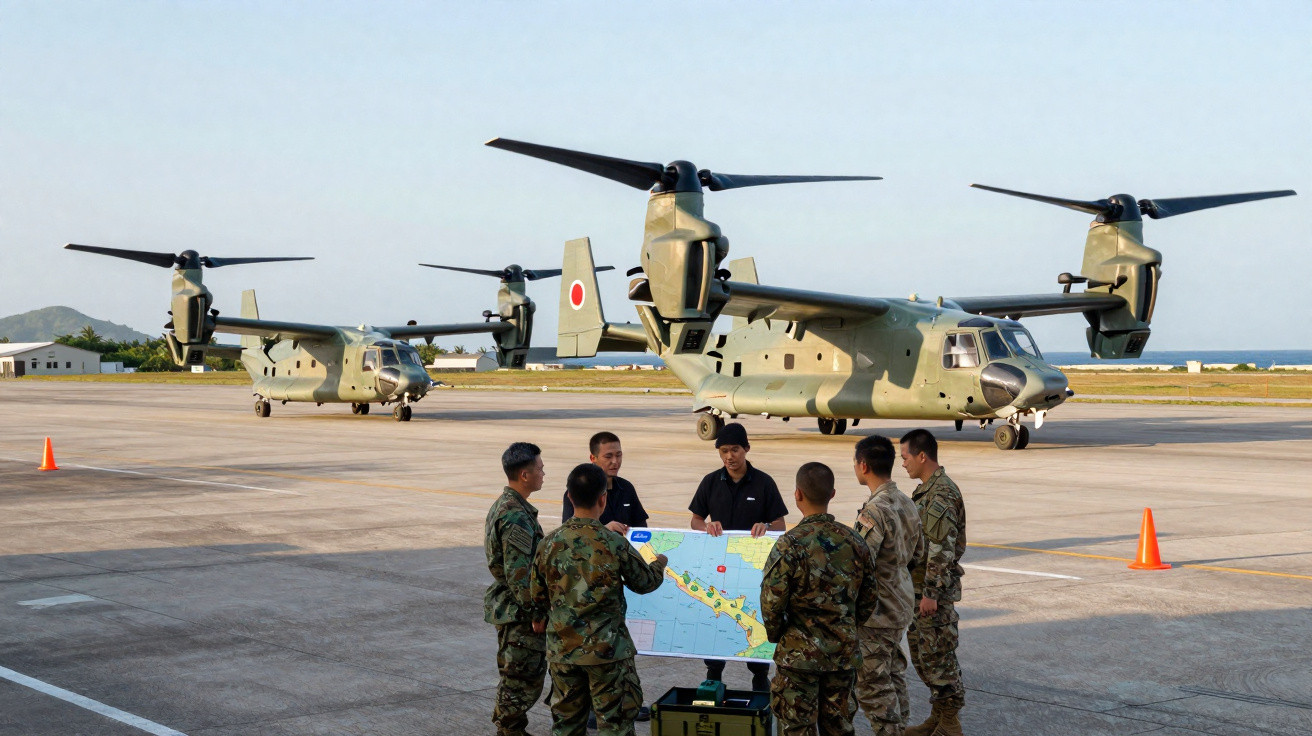 Soldados junto a um mapa em pista com dois aviões militares Osprey estacionados atrás.