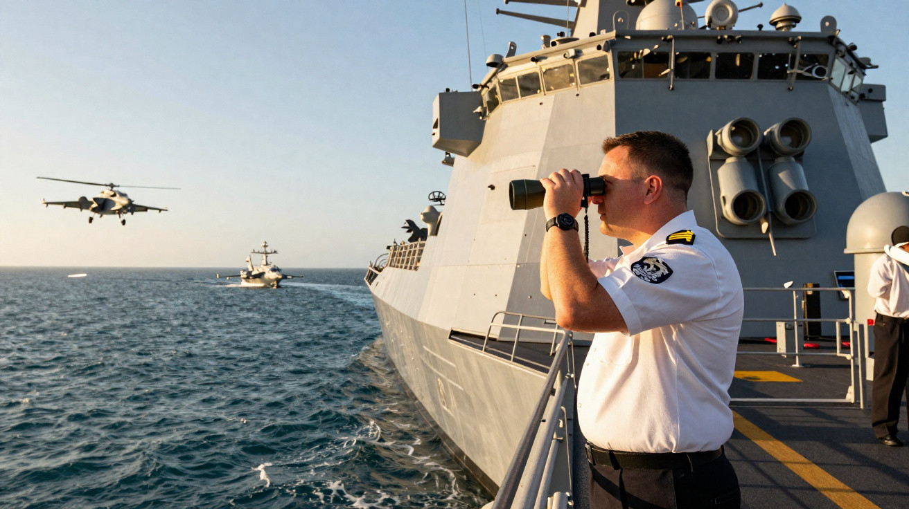 Oficial naval observa o mar com binóculos no convés de um navio, enquanto helicópteros e outro navio estão ao longe.