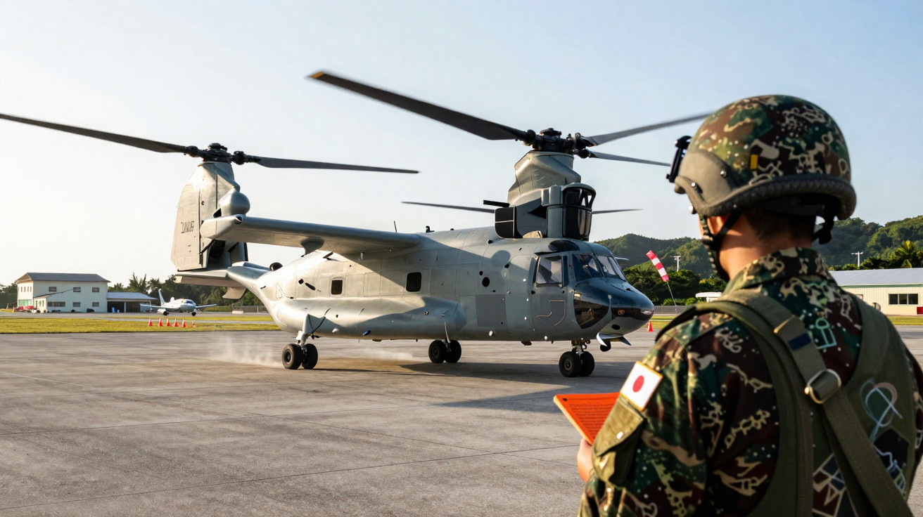 Soldado japonês em uniforme militar observa helicóptero de transporte em pista de aeroporto militar.