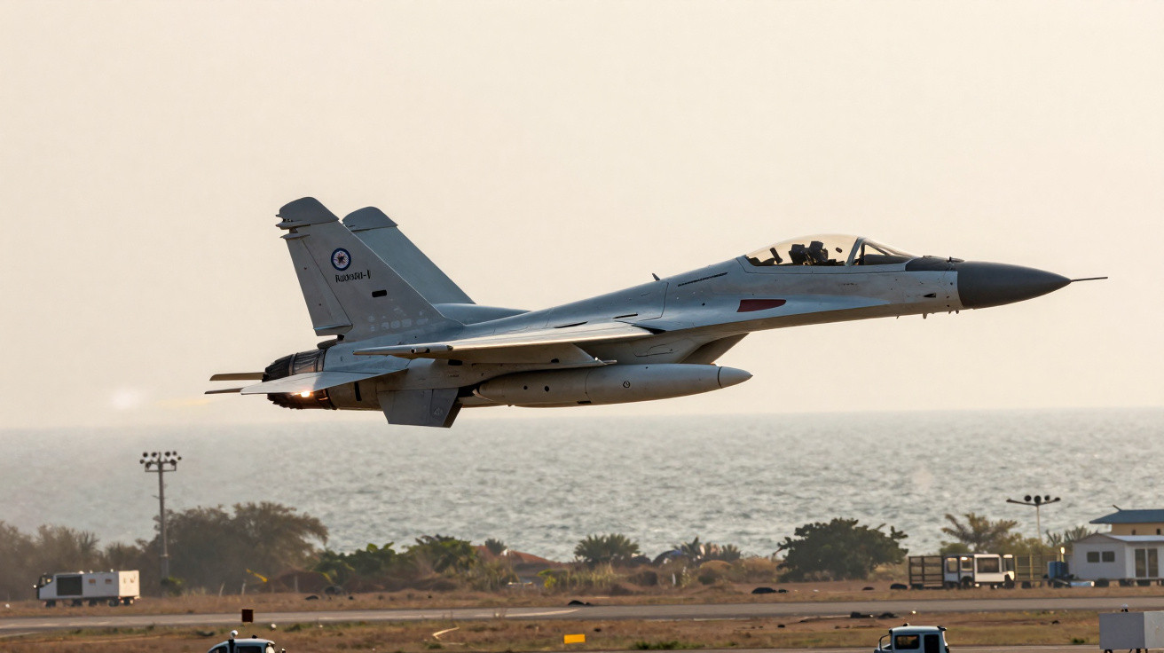 Caça militar cinzento a baixa altitude sobre pista junto ao mar durante pôr do sol.