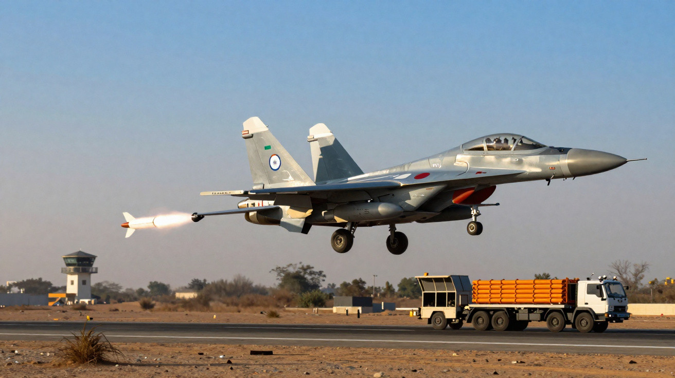 Caça militar lança míssil enquanto descola de pista em ambiente desértico com camião ao fundo.