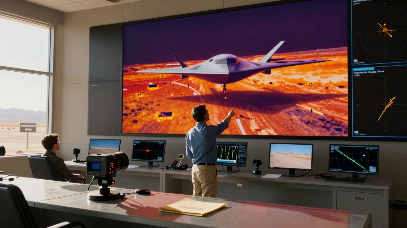 Sala de controlo com duas pessoas observando um monitor grande a simular voo de avião futurista.