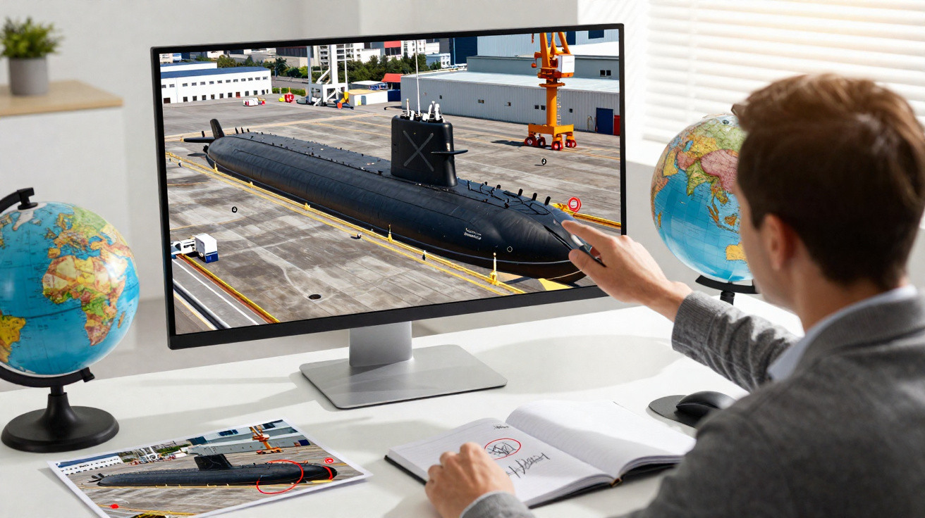 Homem analisa no computador imagem de um submarino num estaleiro naval, com globos terrestres ao lado.