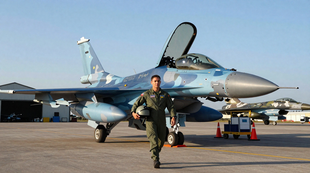 Piloto militar com fato de voo verde, segurando capacete, a caminhar em frente a um caça azul camuflado.