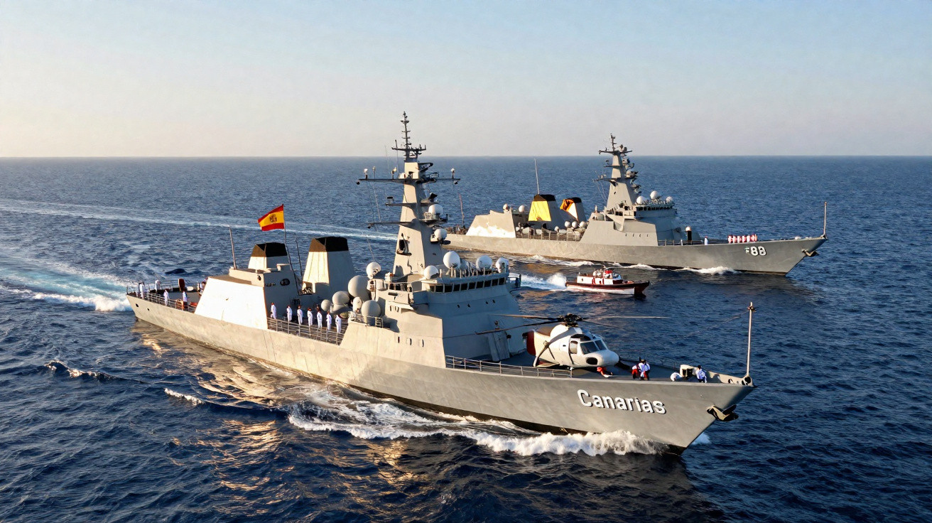 Dois navios militares em mar aberto, um com a bandeira de Espanha e o nome Canarias visível.
